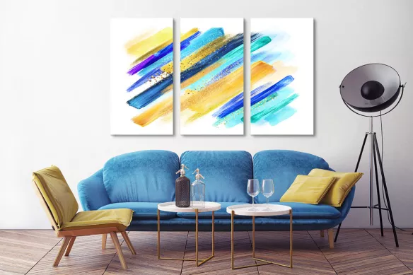 Tableau triptyque abstrait bleu et jaune