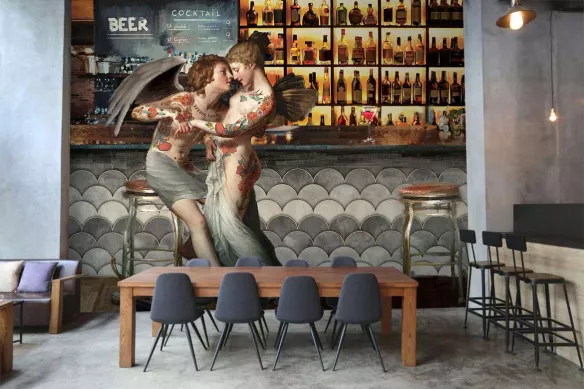 Papier peint steet art Cupidon et Psyché : décoration restaurant