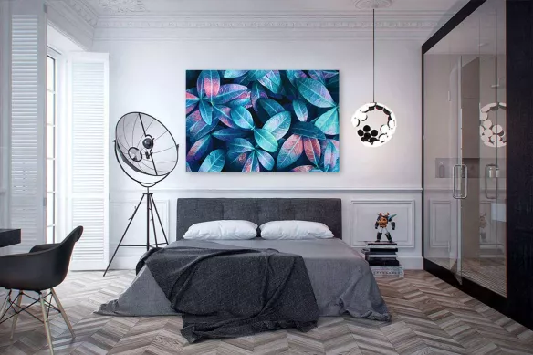 Tableau nature feuilles néon : toile chambre bleue