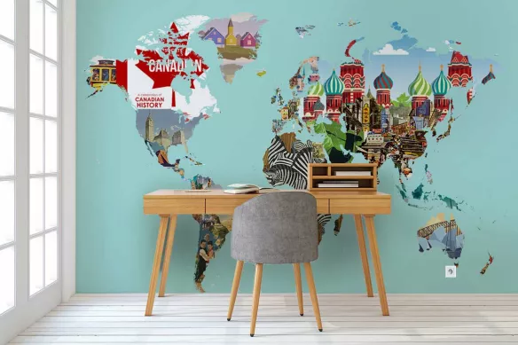 Papier peint carte du monde Symboles pays : tapisserie panoramique