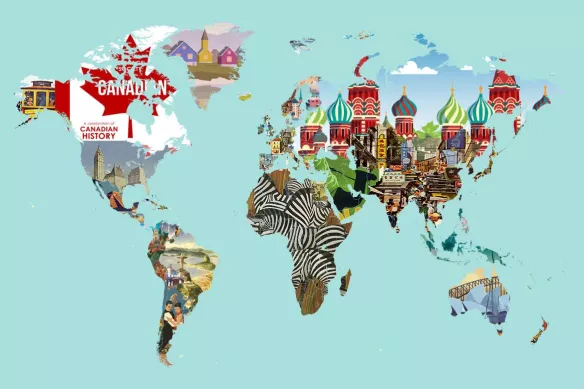 Papier peint carte du monde Symboles pays : tapisserie panoramique