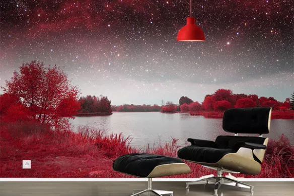 Papier peint panoramique forêt et ciel rouge : tapisserie intissée