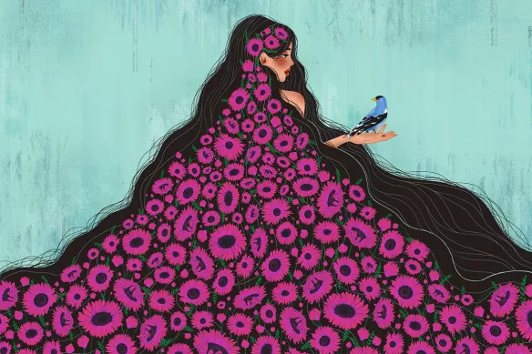 tableau coloré femme cheveux fleurs rose
