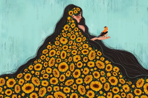 cadre déco femme cheveux fleuris jaune