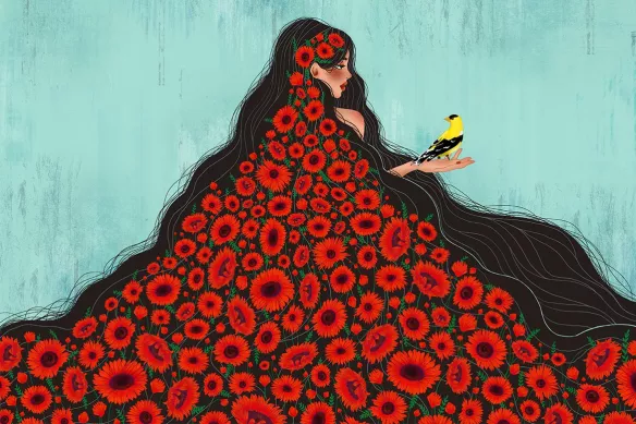 tableau contemporain femme cheveux fleurs rouge