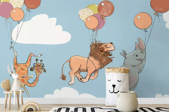 papier-peint-chambre-enfant-animaux-savane-ballons