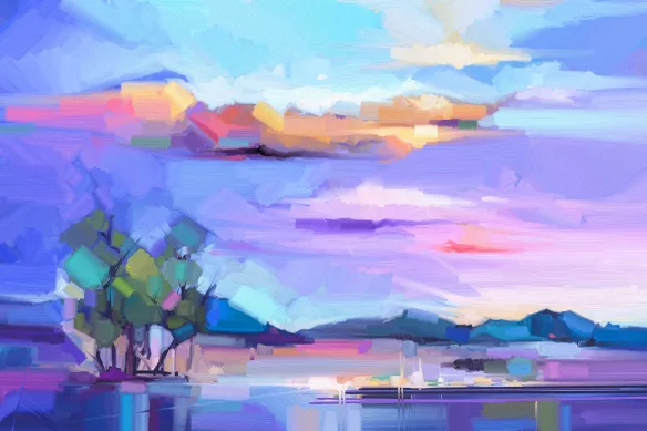 toile paysage violet effet peinture