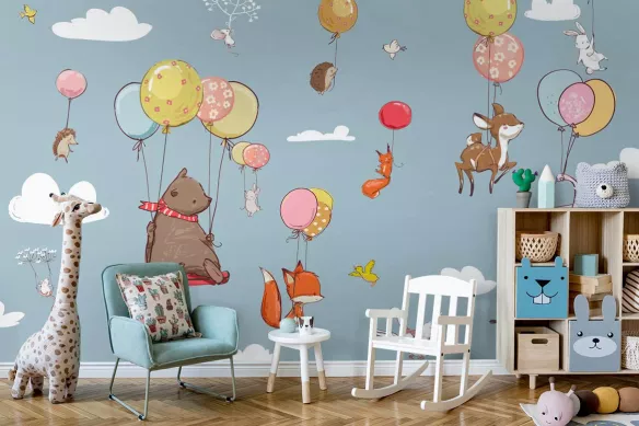papier-peint-chambre enfant-animaux-balade en ballons