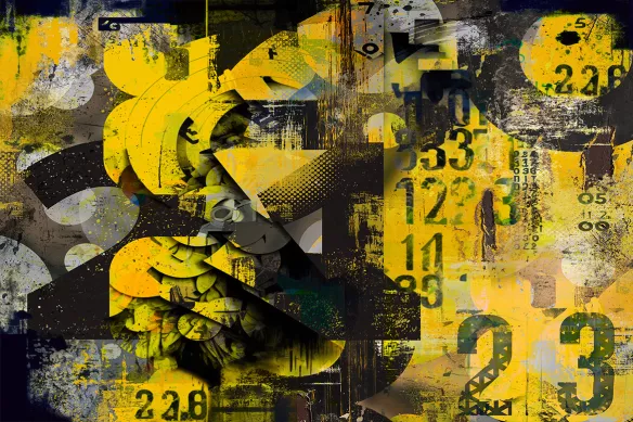 tableau abstrait chiffres jaunes et noirs