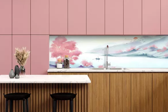 Crédence cuisine montagnes japonaise