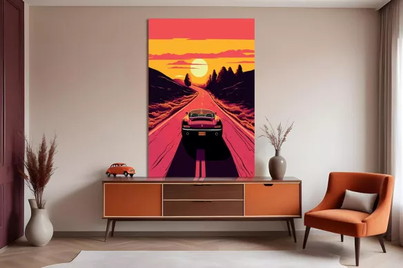 Tableau Voiture Retro Road trip au coucher de soleil orange
