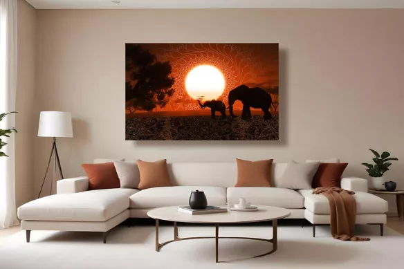 Tableau Oriental Éléphants aux Mandalas