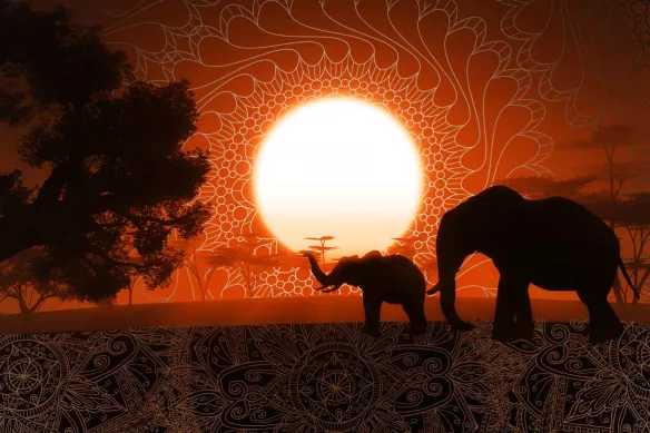 Tableau animal Éléphants aux Mandalas