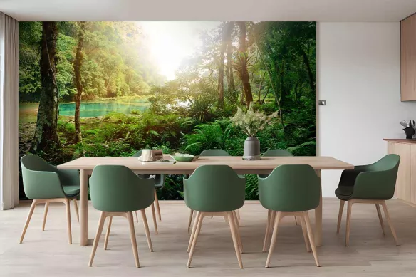 Papier peint jungle Soleil et lac