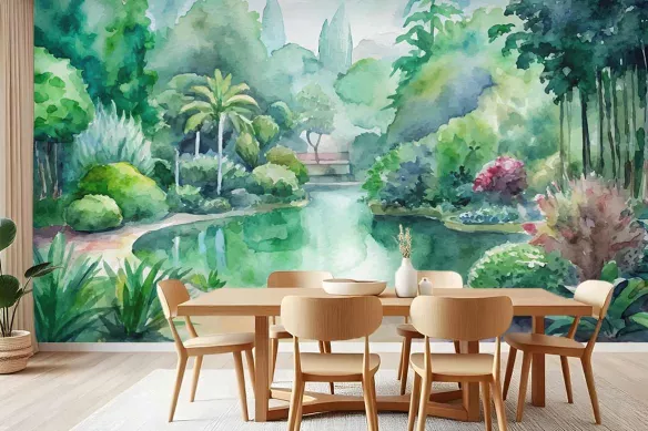 Papier Peint Panoramique Aquarelle - Jardin d’Eau