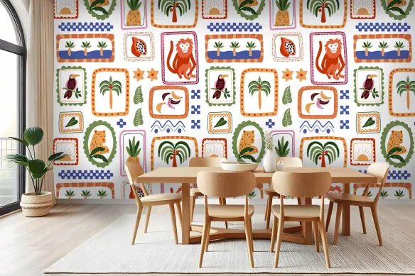 Papier Peint Jungle pour salle à manger - Animaux Tropicaux Chic
