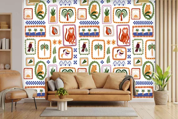 Papier Peint Jungle pour salon - Animaux Tropicaux Chic