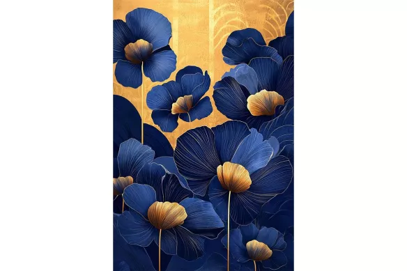Tableau fleurs japonisant bleau et or – Éclosion Bleue