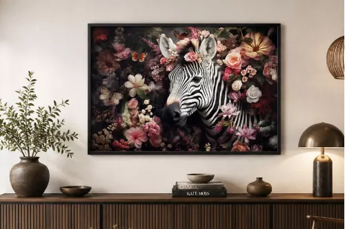 Impression sur verre avec encadrement bois noir- zèbre fleuri