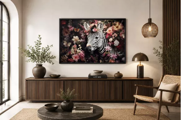 Impression sur verre pour salon moderne - zèbre fleuri