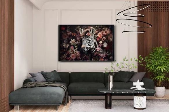 Impression sur verre dans un salon - zèbre fleuri