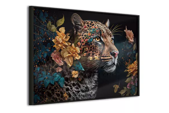 Tableau sur verre avec encadrement en bois noir - Léopard fleuri