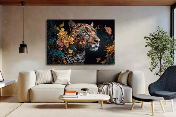 Tableau sur verre pour salon - Léopard fleuri