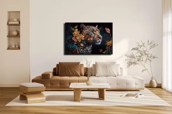 Tableau sur verre pour salon moderne - Léopard fleuri