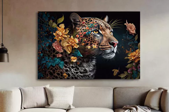 Tableau sur verre zoom - Félin fleuri