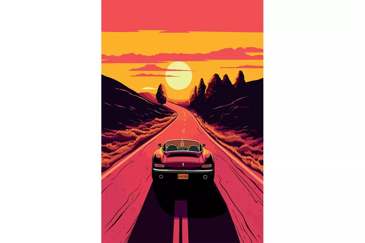 Tableau Voiture Retro Road trip au coucher de soleil orange