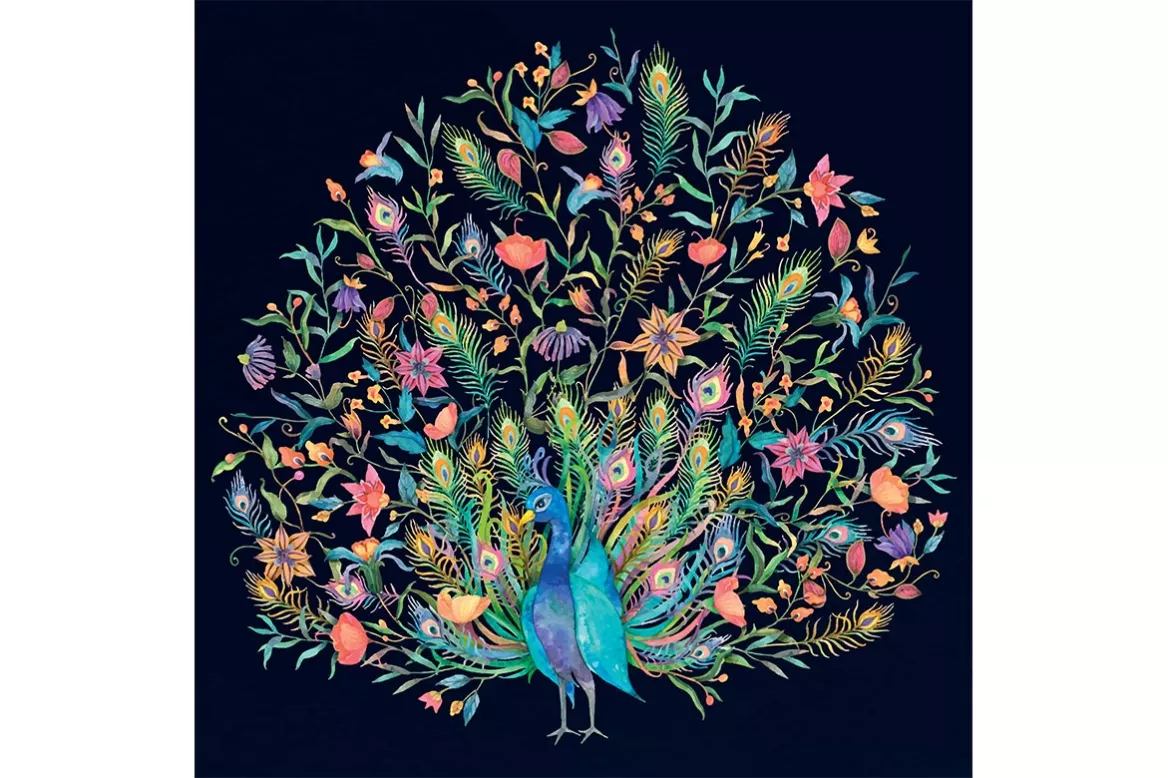 Tableau Animal Valeureux Paon coloré sur fond noir