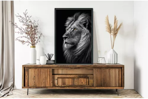 Tableau  Lion noir et blanc - Regard Impérial painting_black_frame_vertical