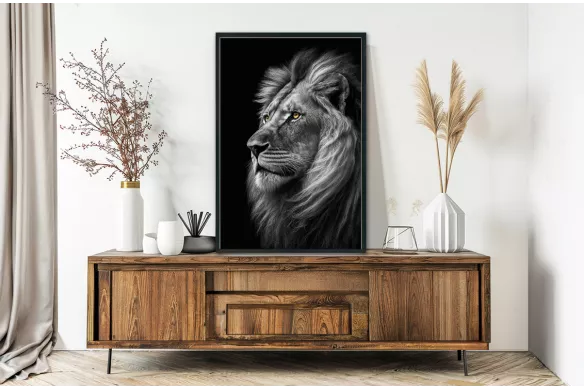 Tableau  Lion noir et blanc - Regard Impérial painting_black_frame_vertical