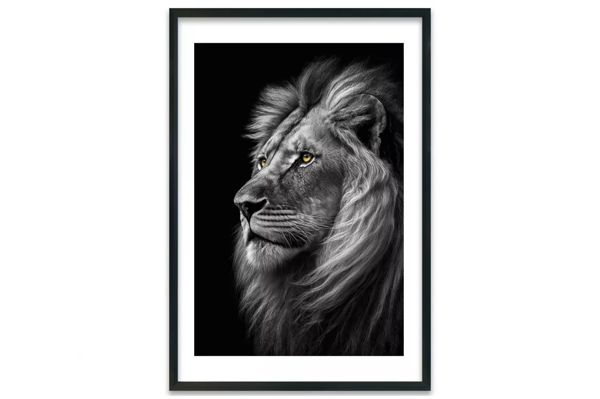 Tableau  Lion noir et blanc - Regard Impérial painting_black_frame_vertical