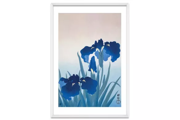 Toile Japonais fleur bleue cadre-blanc-portrait-avec-bordure