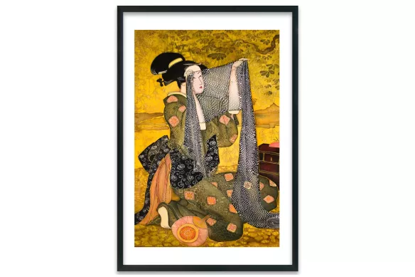 tableau-japonais-etoffe-japonaise cadre-noir-portrait-avec-bordure