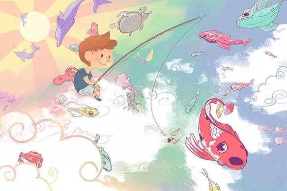 Tableau enfant Pêcheur nuages