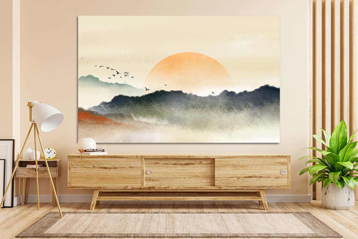Tableau nature lever de soleil aquarelle orange