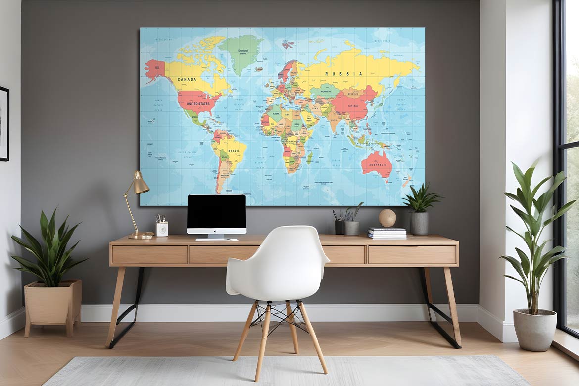 Toile carte du monde couleur et planisphere