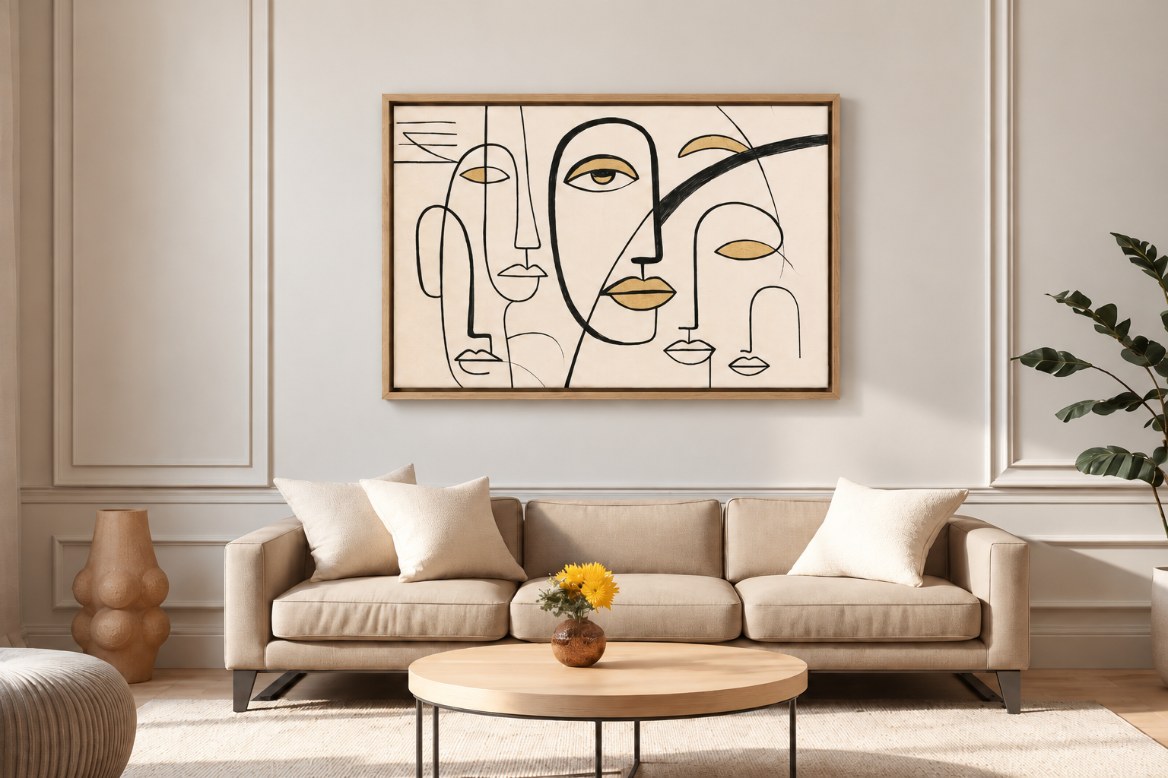 Tableau line art de visages, traits noirs et touches dorées sur fond crème, en caisse américaine bois clair au-dessus d’un canapé beige