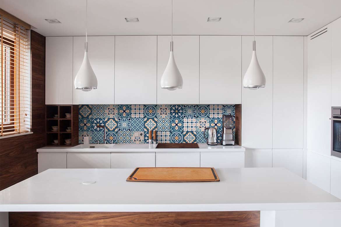 Crédence Cuisine carreaux de ciment bleu
