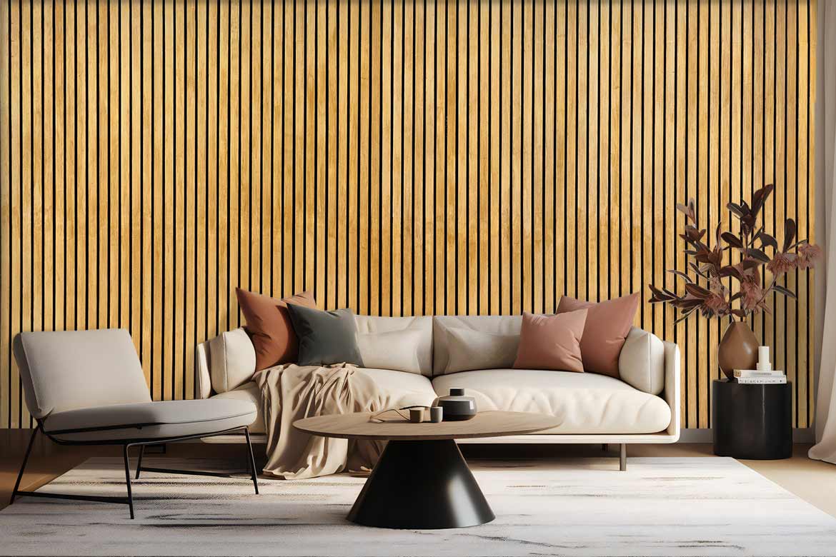 Papier peint salon imitation tasseaux de bois
